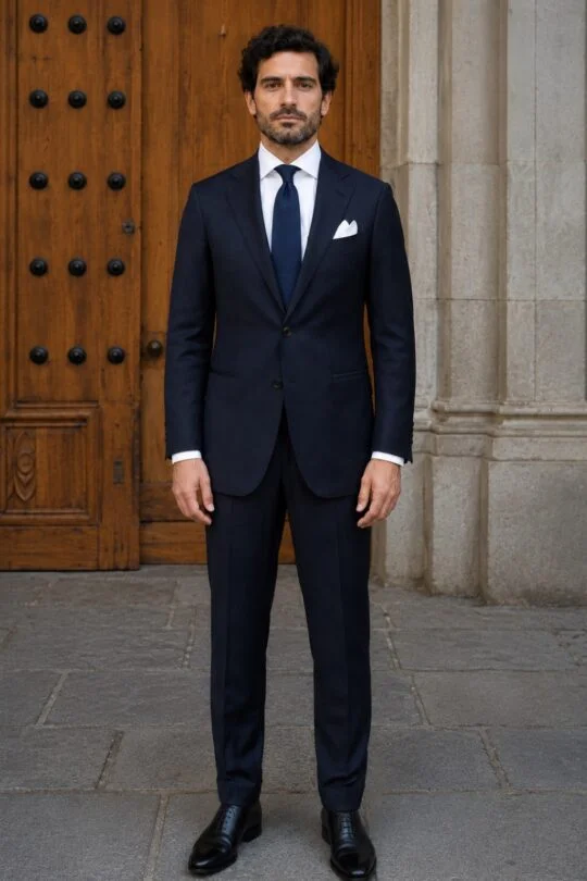 Navy suit white shirt black oxford shoes outfit