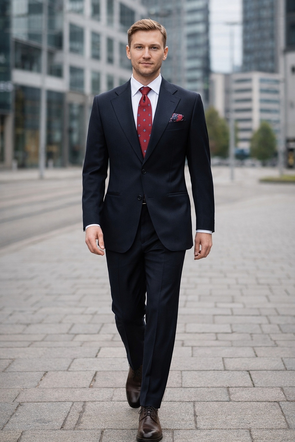 Navy Suit, White Shirt, Burgundy Tie, Brown Chukka Boots Outfit