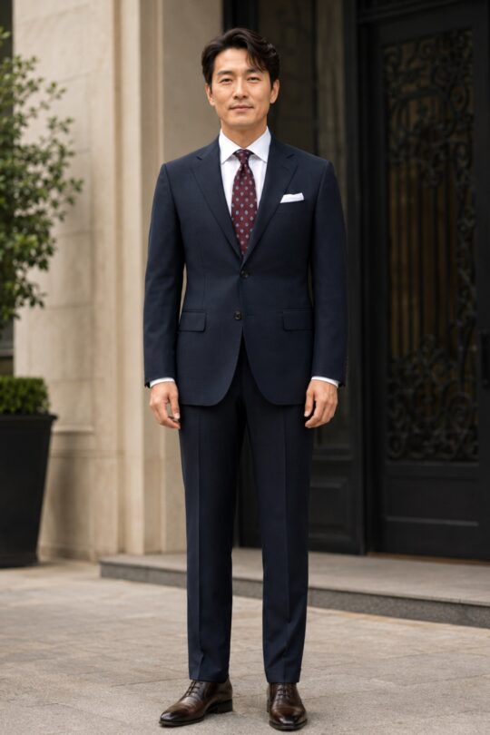 Navy suit, white shirt, burgundy tie, brown oxford shoes outfit