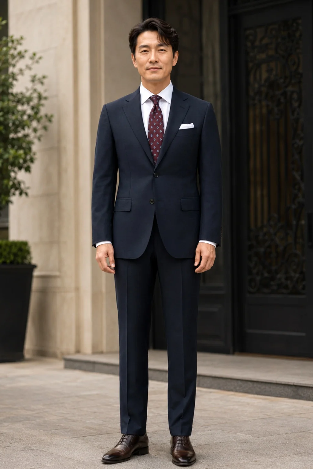 Navy suit, white shirt, burgundy tie, brown oxford shoes outfit