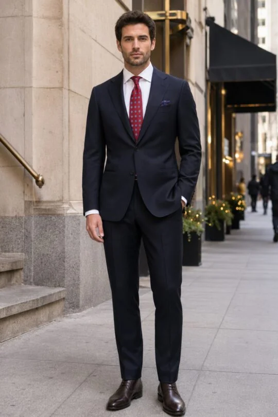 Navy Suit, White Shirt, Red Tie, Brown Chukka Boots Outfit