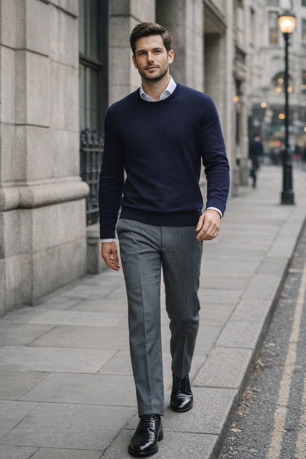 Navy sweater, grey trousers, black derby shoes outfit