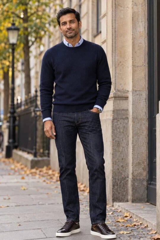 Navy sweater, navy jeans, dark brown sneakers outfit