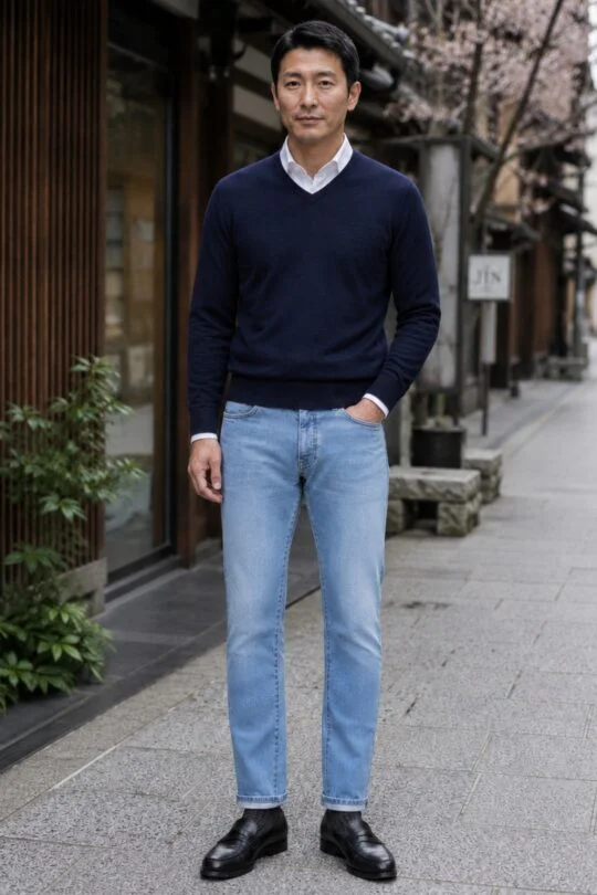 Navy v-neck sweater, white shirt, light blue jeans, black penny loafers outfit