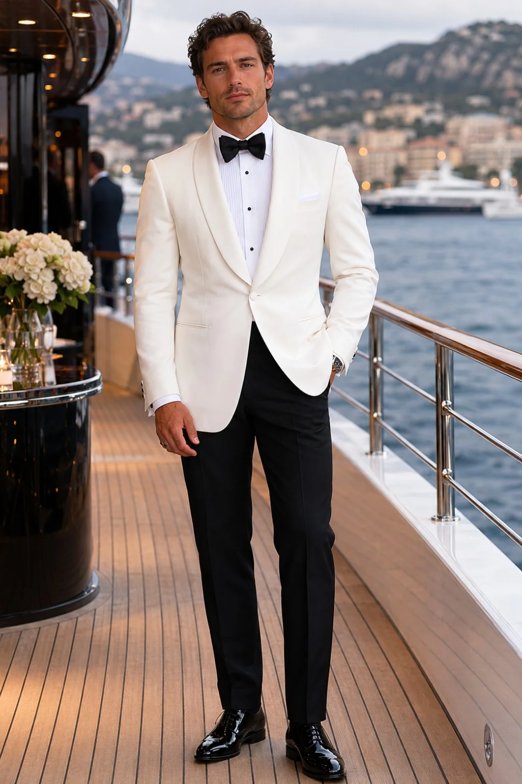 Off white dinner jacket, white tuxedo shirt, black tuxedo trousers, black patent leather oxford shoes outfit