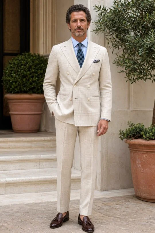 Sand checked suit, light blue shirt, blue tie, brown tassel loafers outfit