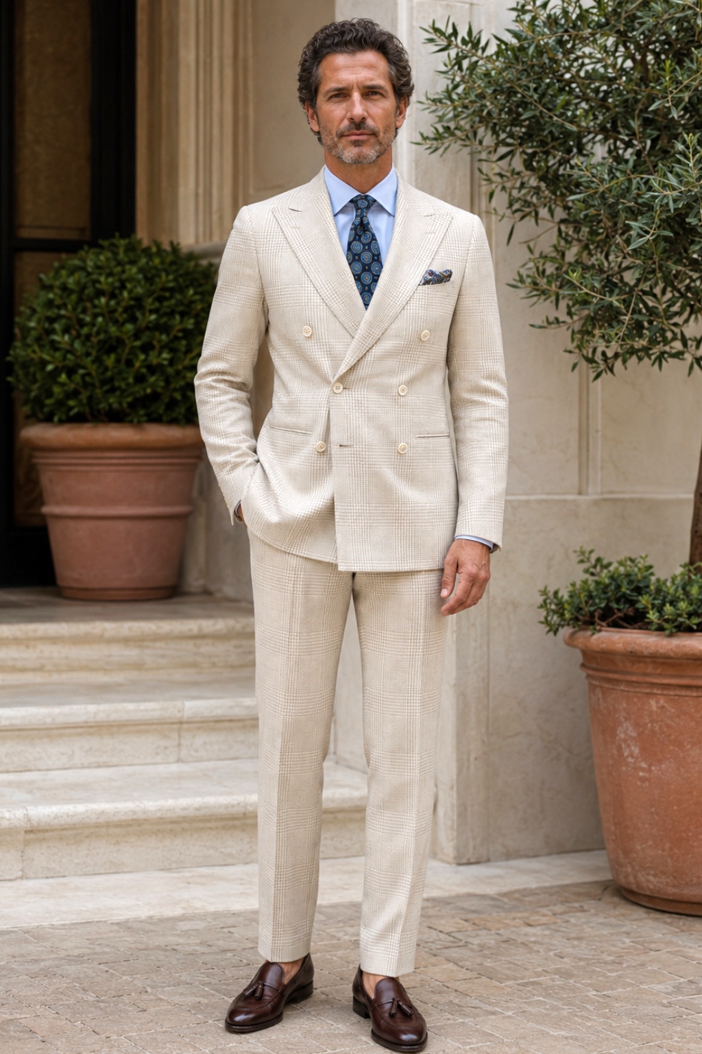 Sand checked suit, light blue shirt, blue tie, brown tassel loafers outfit