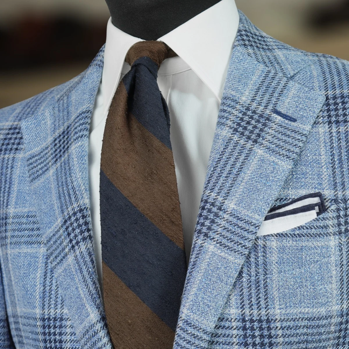 Shibumi Firenze mėlynas ir rudas dryžuotas shantung šilko kaklaraištis