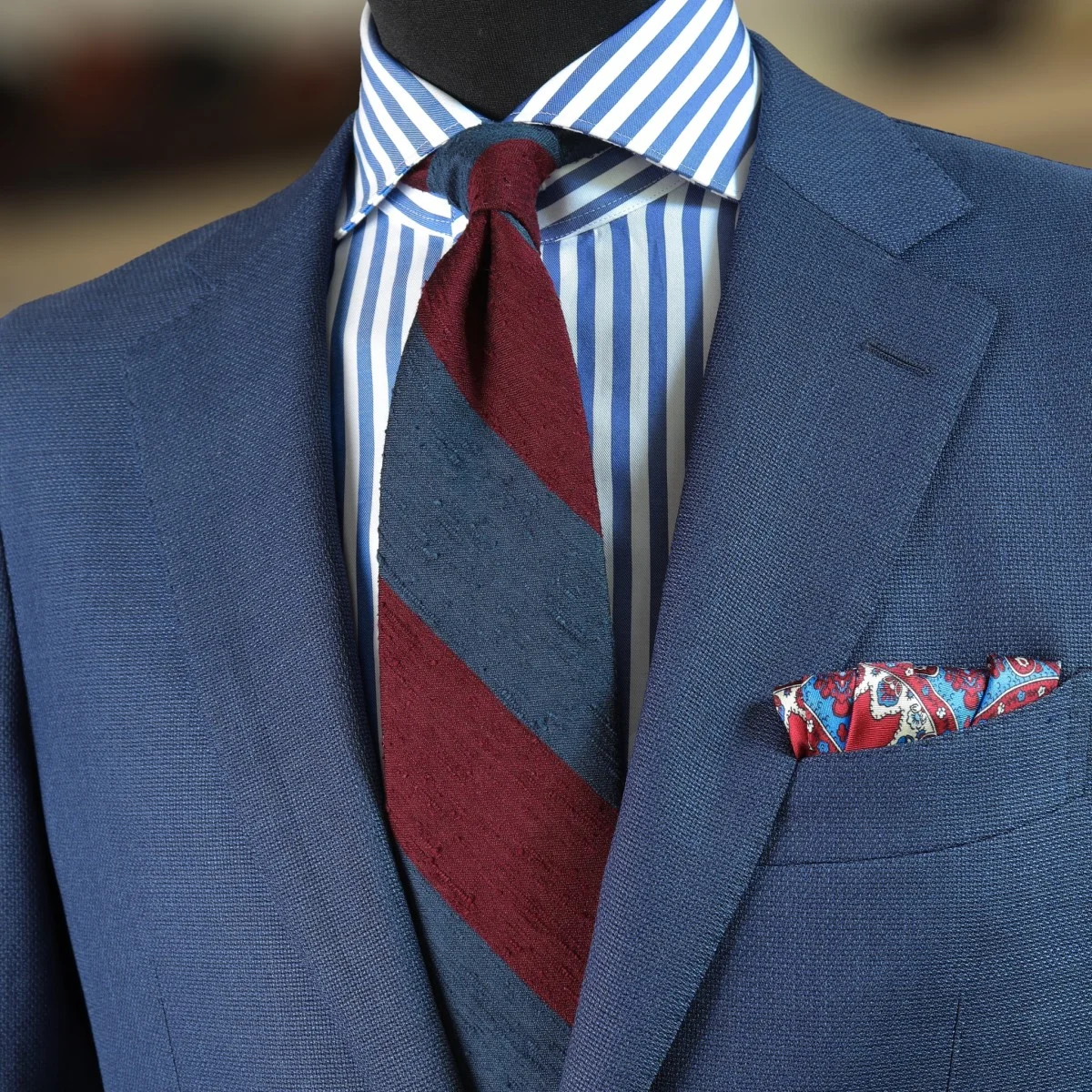 Shibumi Firenze navy and burgundy block stripe shantung silk tie