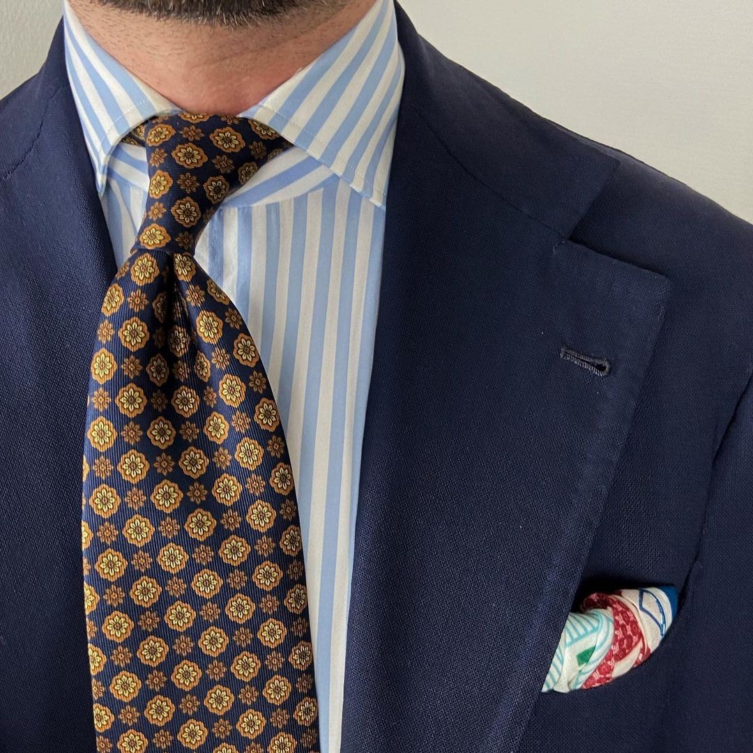 Shibumi Firenze navy silk tie with yellow floral pattern