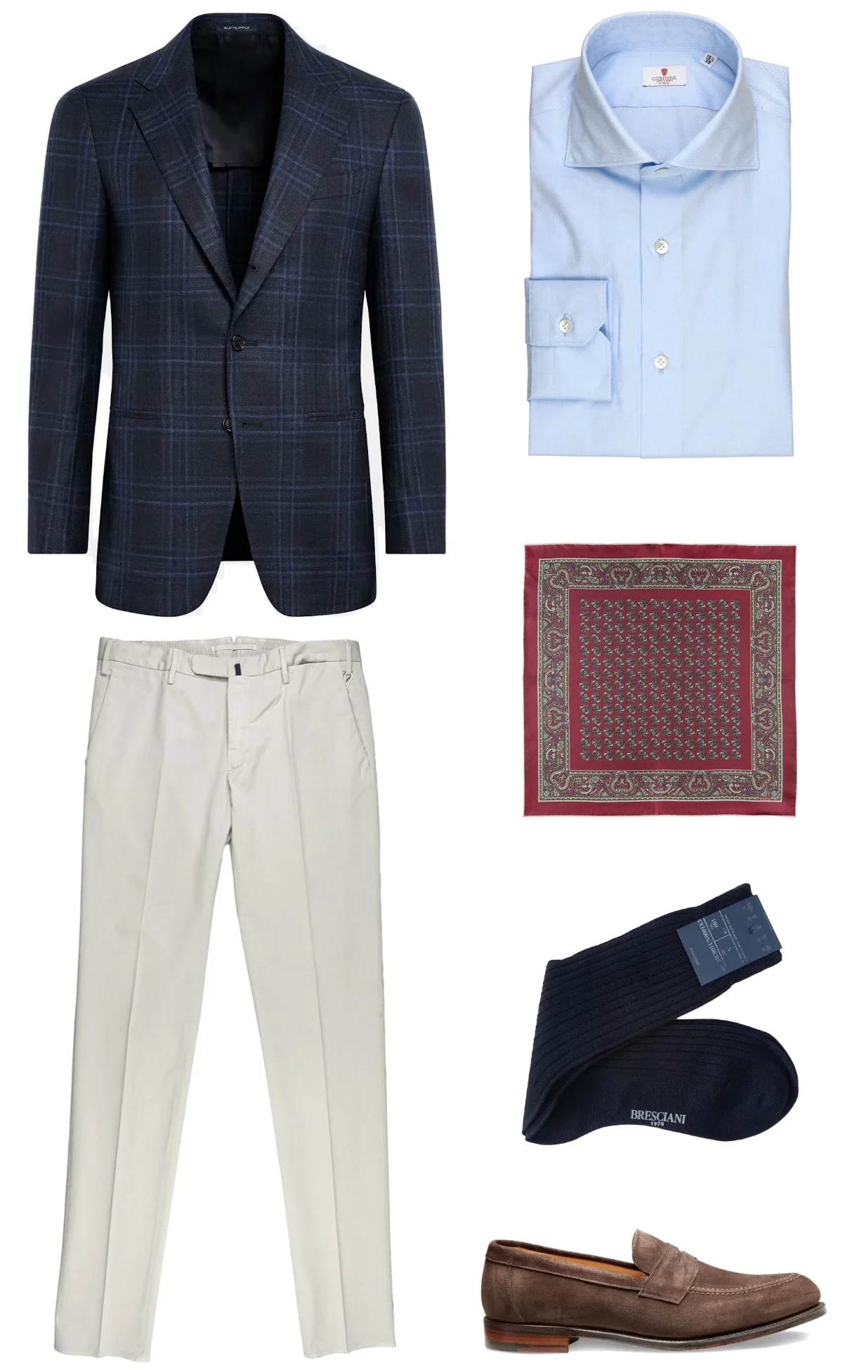 Smart Casual outfit - navy window pane blazer, light blue shirt, light grey chinos, brown suede penny loafers