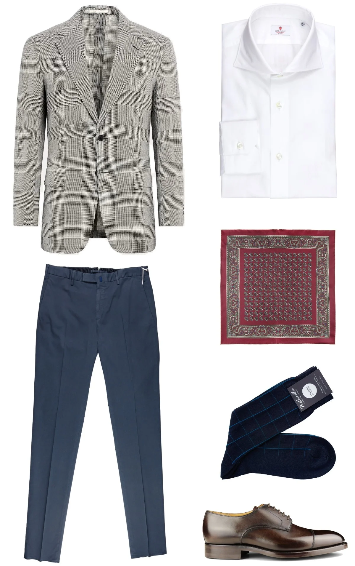 Smart Casual outfit - grey glen plaid blazer, white shirt, blue chinos, dark brown derby shoes