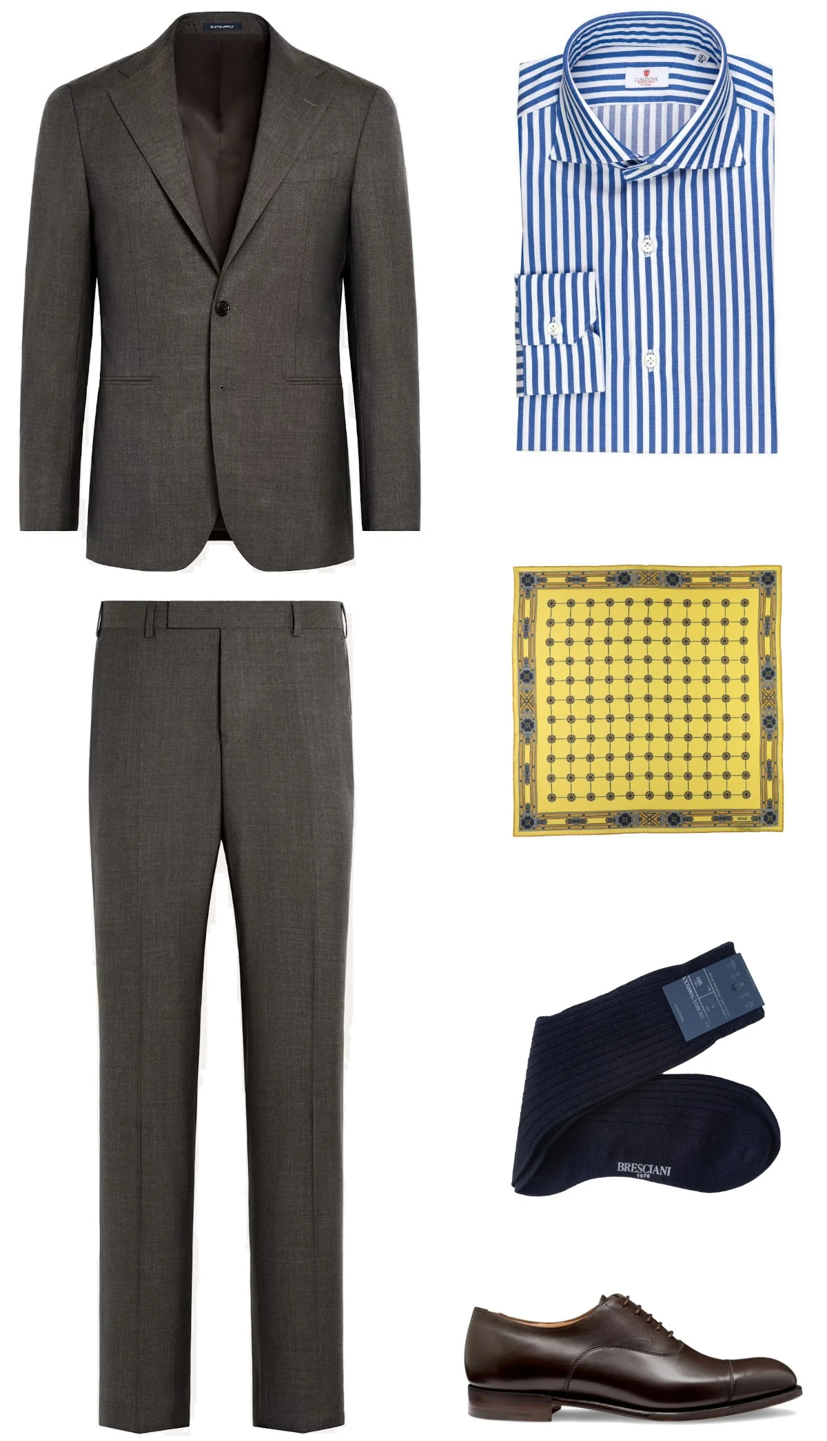 Smart Casual outfit - dark brown suit, blue bold striped shirt, dark brown oxford shoes