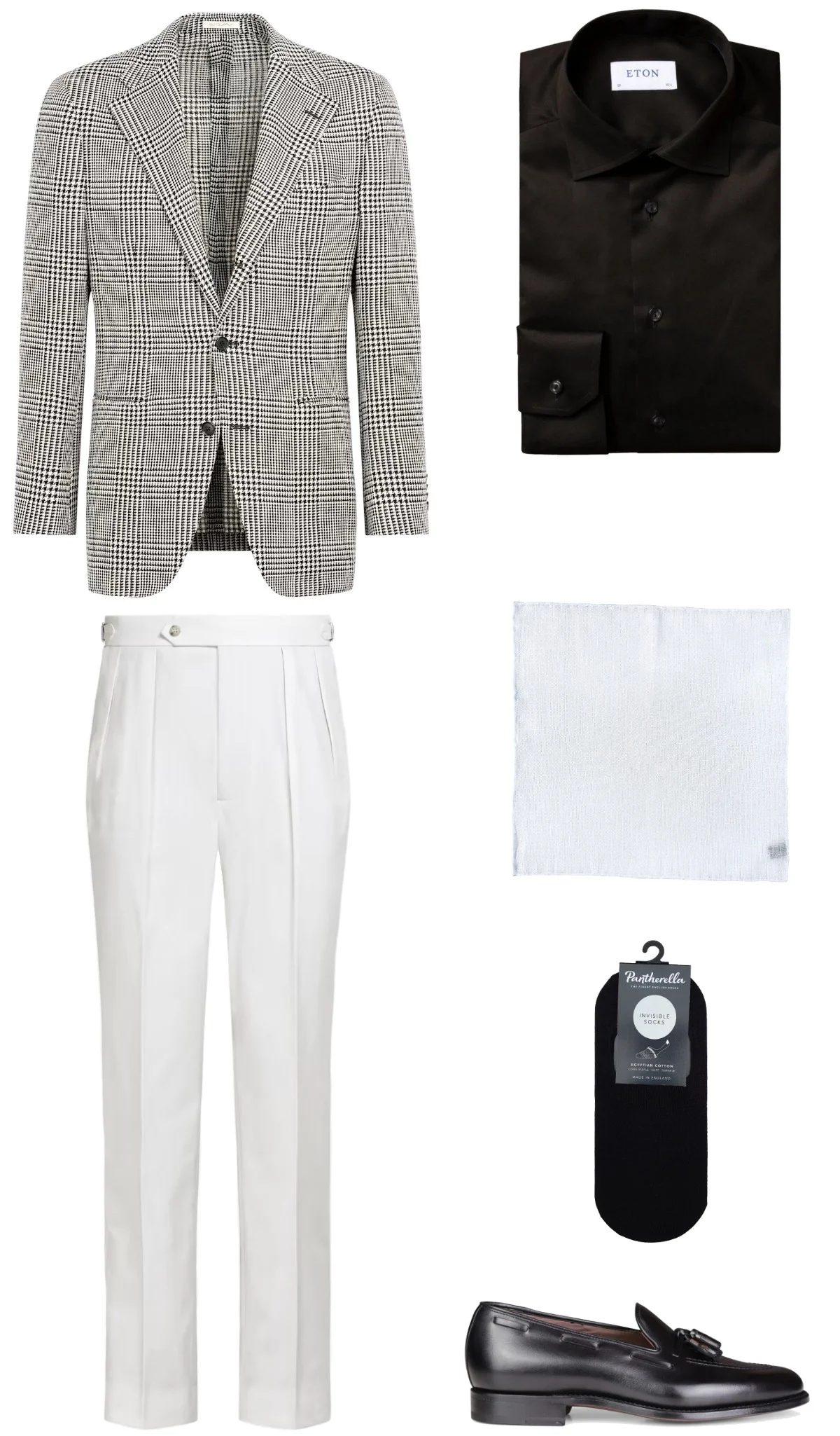 Smart Casual outfit - white and black glen plaid blazer, black shirt, white chinos, black tassel loafers