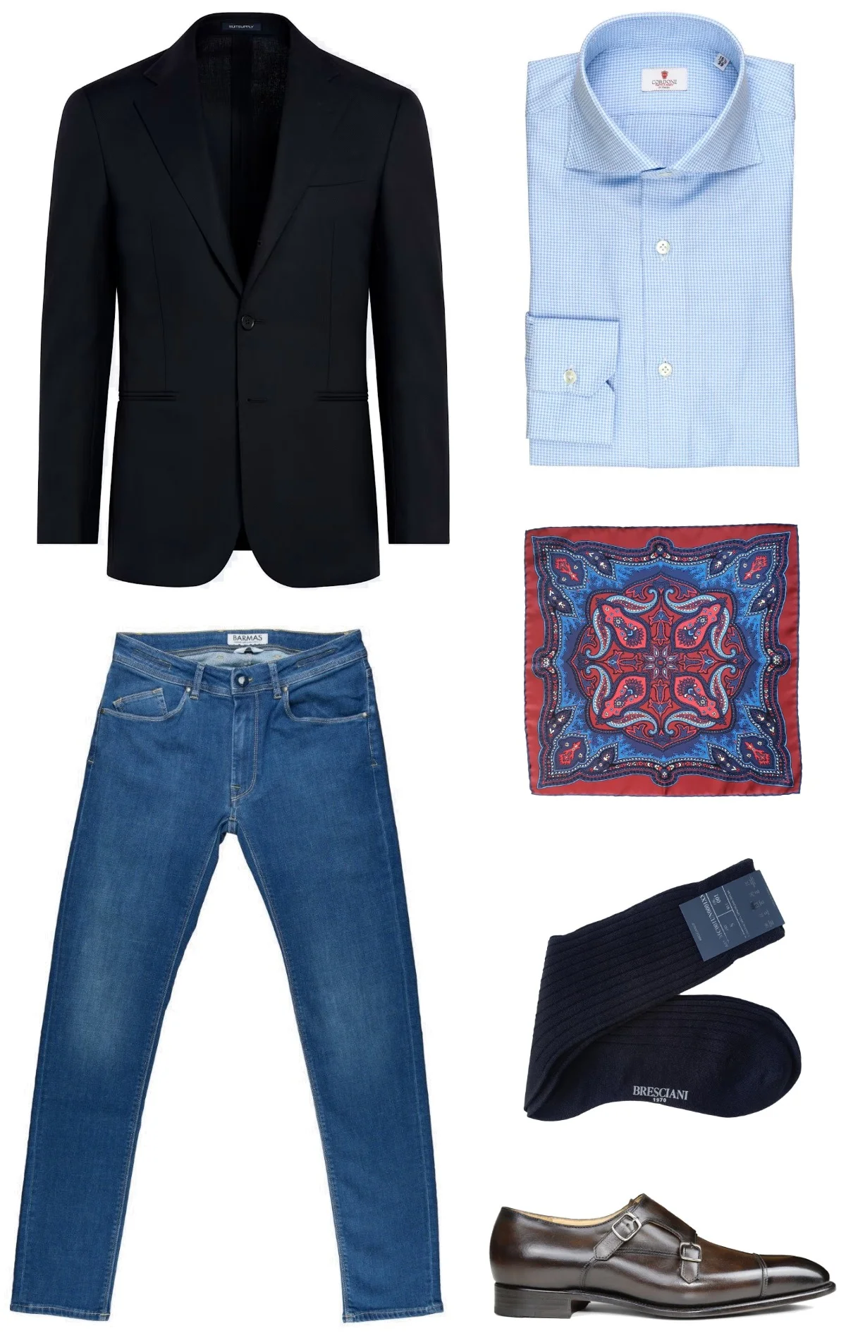 Smart Casual outfit - navy blazer, light blue shirt, blue jeans, dark brown monk strap shoes