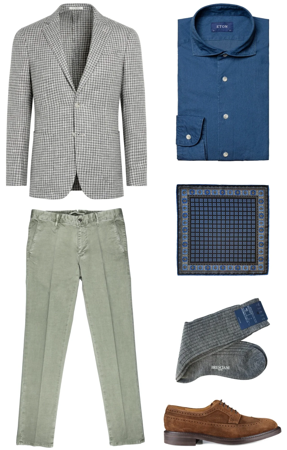 Smart Casual outfit - grey houndstooth blazer, blue denim shirt, olive chinos, brown suede brogue derbies