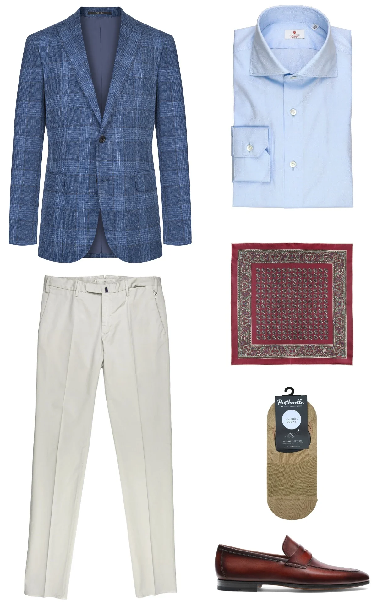 Smart casual derinys - mėlynas languotas švarkas, šviesiai pilkos chino kelnės, šviesiai mėlyni marškiniai, rudi loaferiai