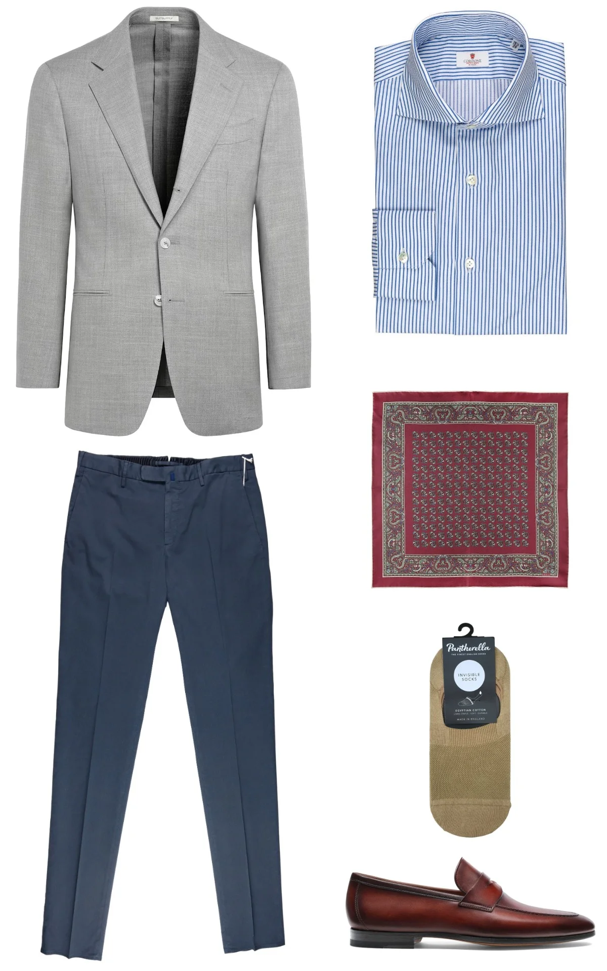 Smart casual outfit - light grey blazer, blue chinos, blue striped shirt, mahogany loafers