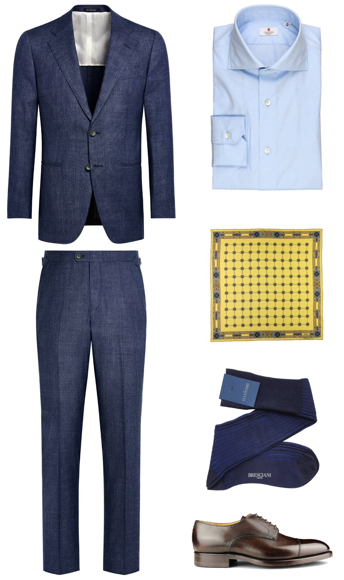 Smart casual outfit - navy suit, light blue shirt, yellow pocket square, dark brown derby shoes