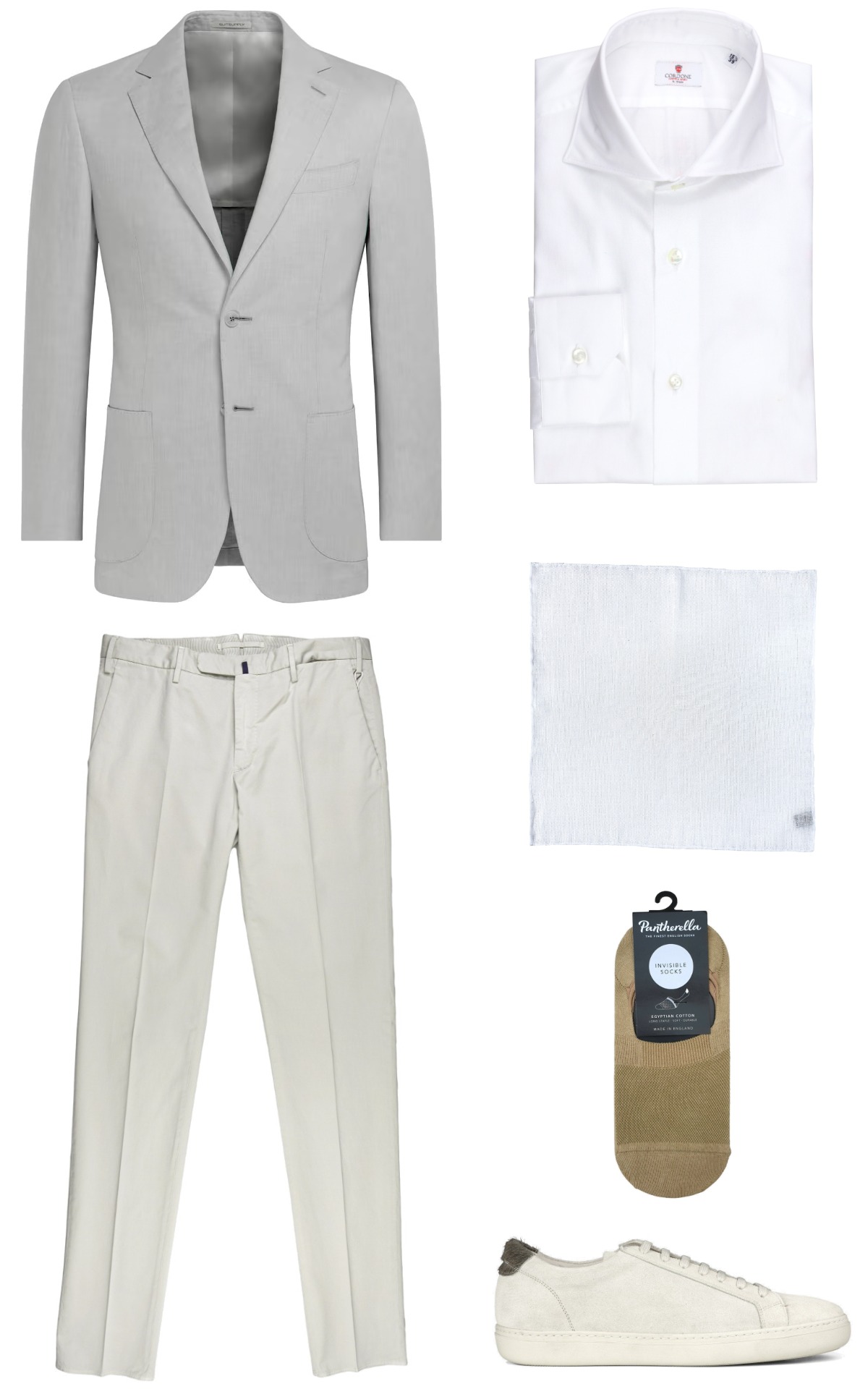 Smart casual outfit - off-white blazer, off-white chinos, white shirt, off-white sneakers