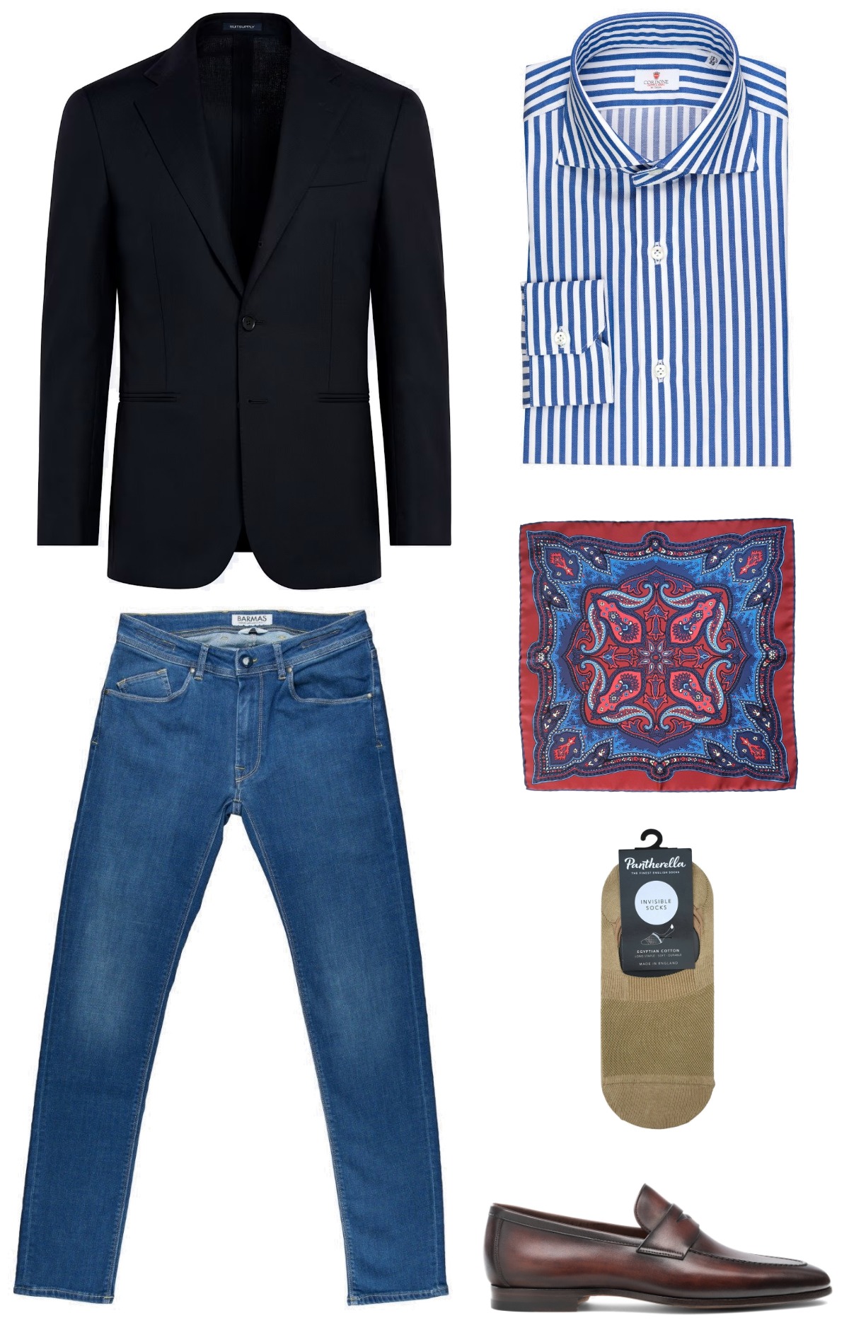 Smart casual outfit - navy blazer, blue jeans, blue striped shirt, dark brown loafers