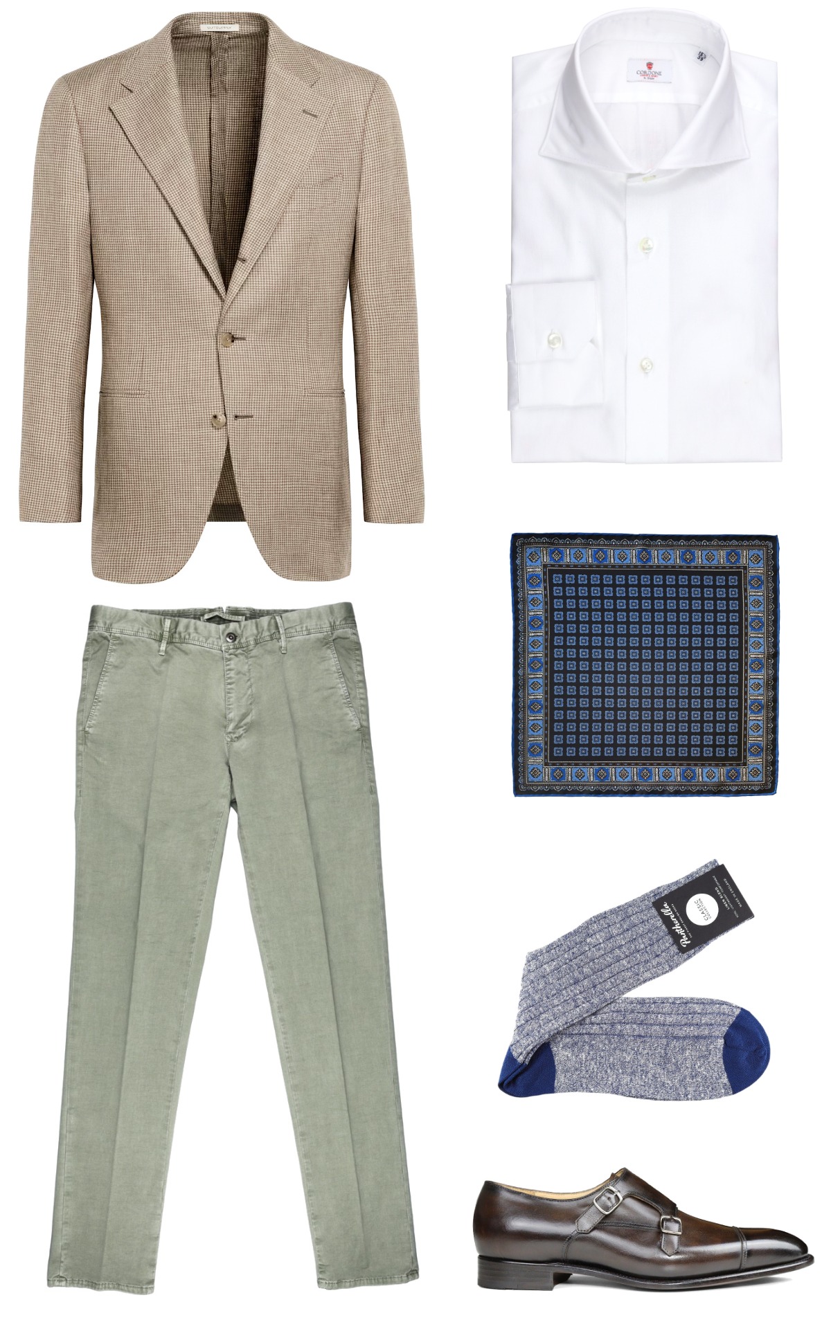 Smart casual outfit - light brown blazer, green chinos, white shirt and dark brown monk strap shoes