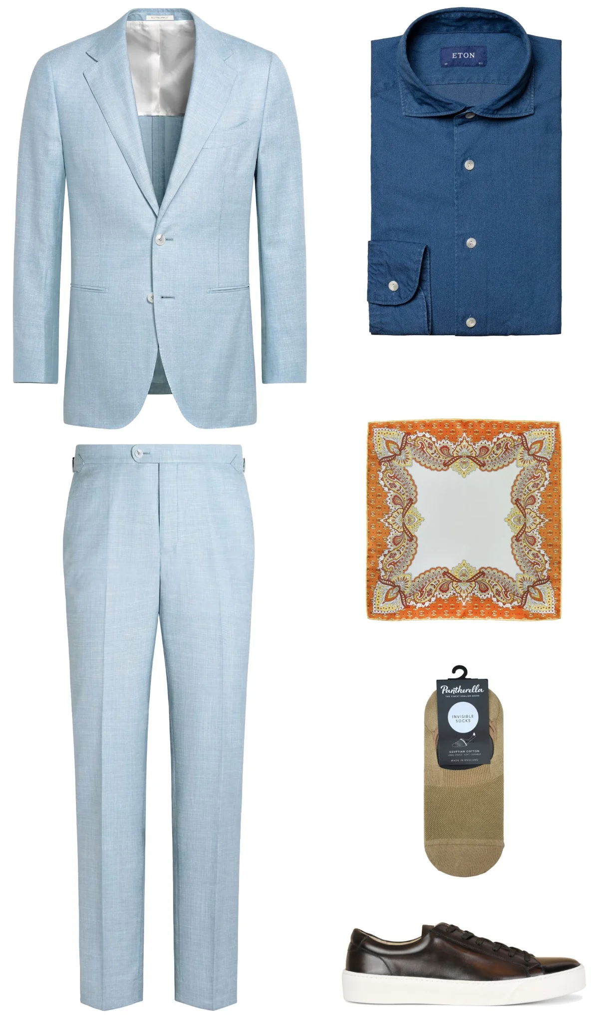 Smart casual outfit - light blue suit, blue denim shirt and brown sneakers