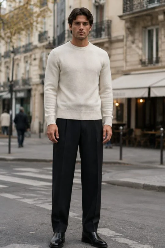 White roll neck, black trousers, black chelsea boots outfit