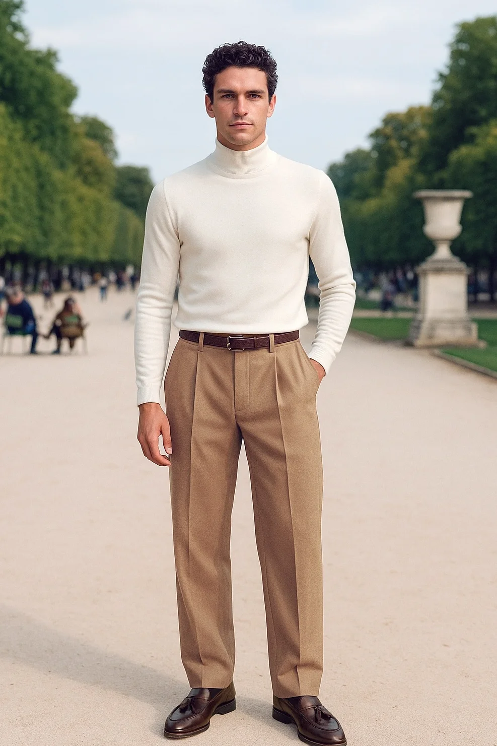 White rollneck, brown trousers, brown tassel loafers outfit