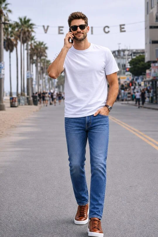 White T-Shirt, Blue Jeans, Brown Sneakers Outfit