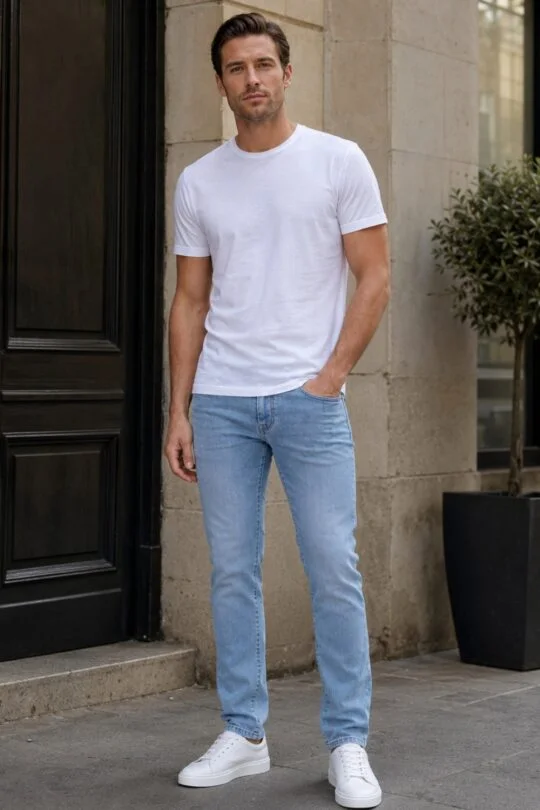 White t-shirt, light blue jeans white sneakers outfit