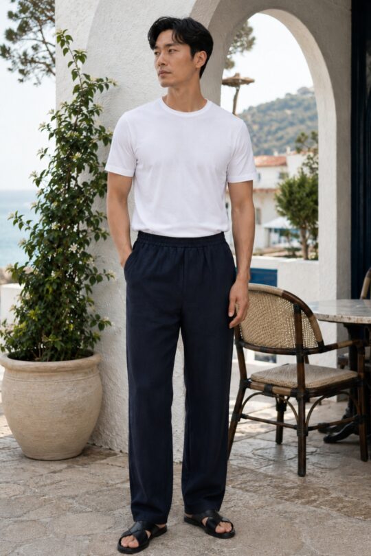 White t-shirt, navy linen trousers, black leather sandals outfit